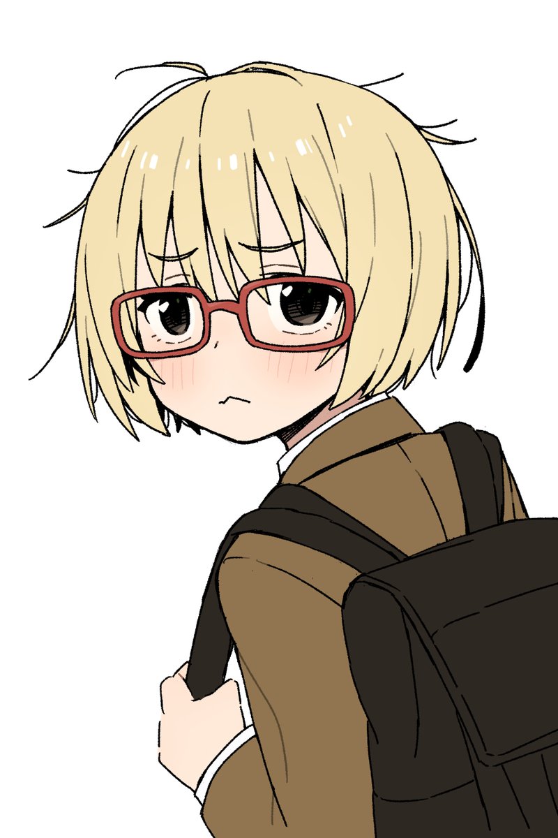 1girl, backpack, bag, blonde_hair, blush, closed_mouth, cola_(kibyland), glasses