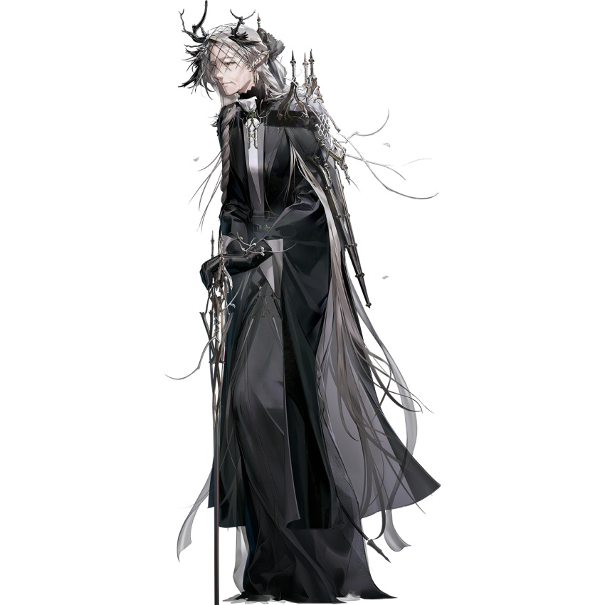 1girl, arknights, artist_request, asymmetrical_horns, black_gloves, black_robe, cane, closed_mouth, fu'ila_(arknights), full_body, gloves, green_sash, grey_hair, head_wings, highres, holding, holding_cane, horns, long_braid, long_hair, narrowed_eyes, official_art, old, old_woman, robe, sash, solo, tachi-e, third-party_source, transparent_background, tree_horns, uneven_horns, veil, very_long_hair, wings, wrinkled_skin