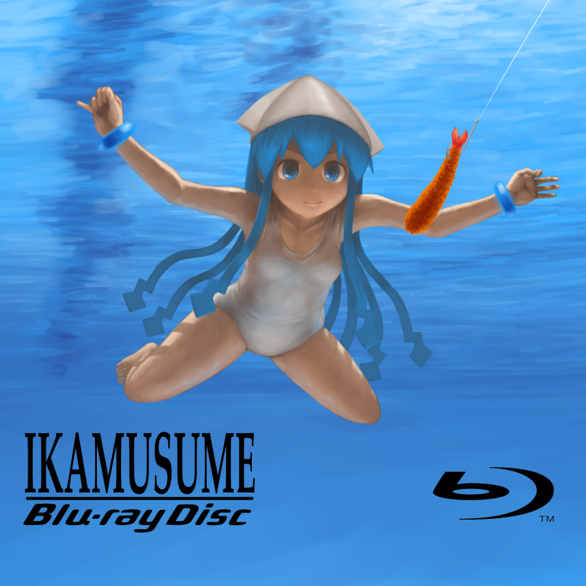 blue_eyes, blue_hair, cover, fishing_line, food, hat, hook, ikamusume