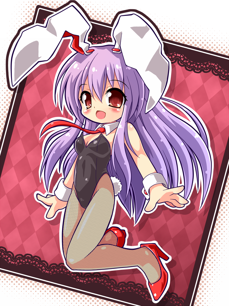 bunny_ears, bunny_tail, bunnysuit, chibi, detached_collar, fishnet_pantyhose, fishnets, high_heels