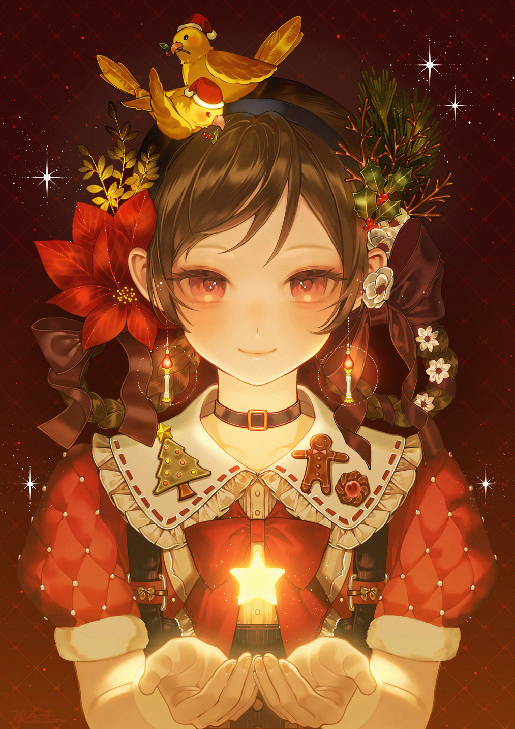 1girl, animal_on_head, bird, bird_on_head, black_hairband, bow, braid, braided_hair_rings