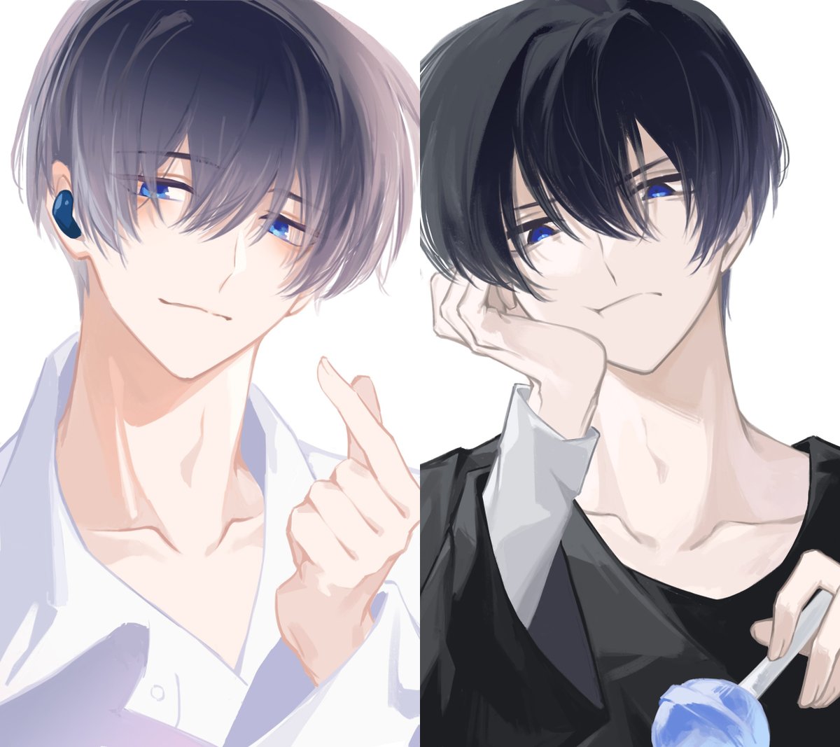 1boy, :t, black_hair, black_shirt, blue_eyes, candy, chupa_chups, closed_mouth, collarbone, collared_shirt, commentary, earphones, earphones, eyes_visible_through_hair, finger_heart, food, hair_between_eyes, hand_on_own_cheek, hand_on_own_face, head_on_hand, head_rest, holding, holding_candy, holding_food, holding_lollipop, hsmy, layered_sleeves, light_smile, lollipop, long_sleeves, male_focus, multiple_views, portrait, pout, sakaguchi_ouri, shirt, short_hair, simple_background, tamon-kun_ima_docchi, v-shaped_eyebrows, white_background, white_shirt