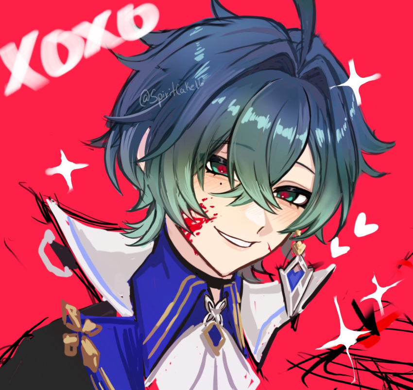 1boy, :d, ahoge, armor, belt, belt_collar, black_belt, blood
