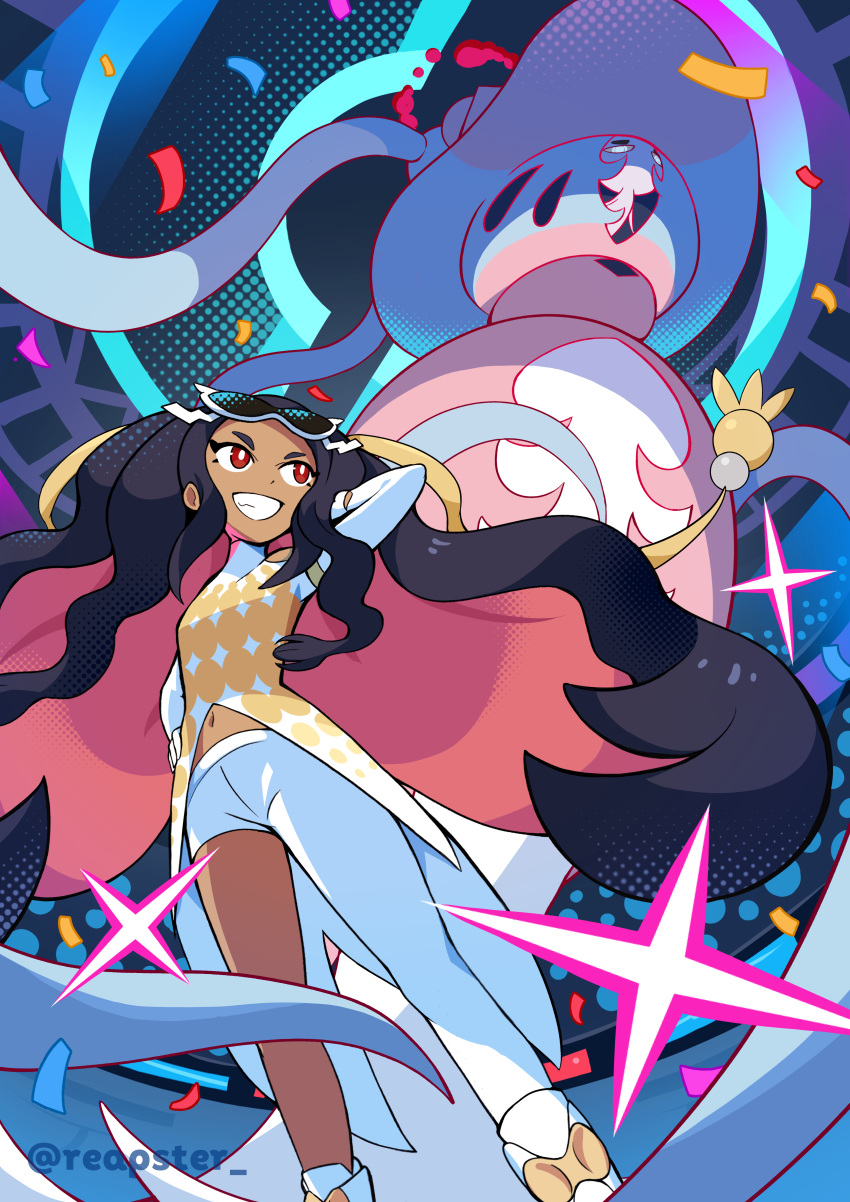 1girl, absurdres, arm_behind_head, asymmetrical_clothes, black_hair, blonde_hair, bright_pupils, caraway_(pokemon)