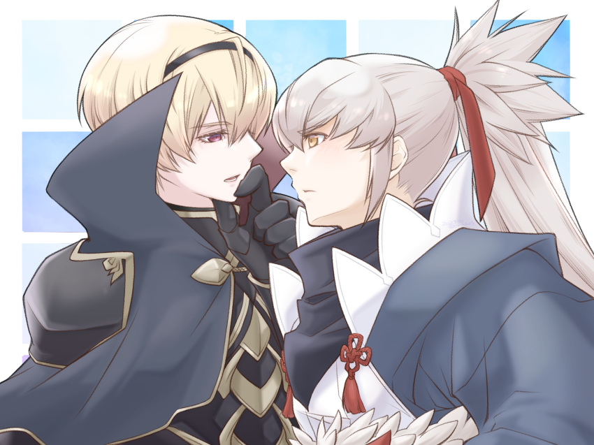 2boys, blonde_hair, fire_emblem, fire_emblem_fates, grey_hair, highres, japanese_clothes, leo_(fire_emblem_fates)