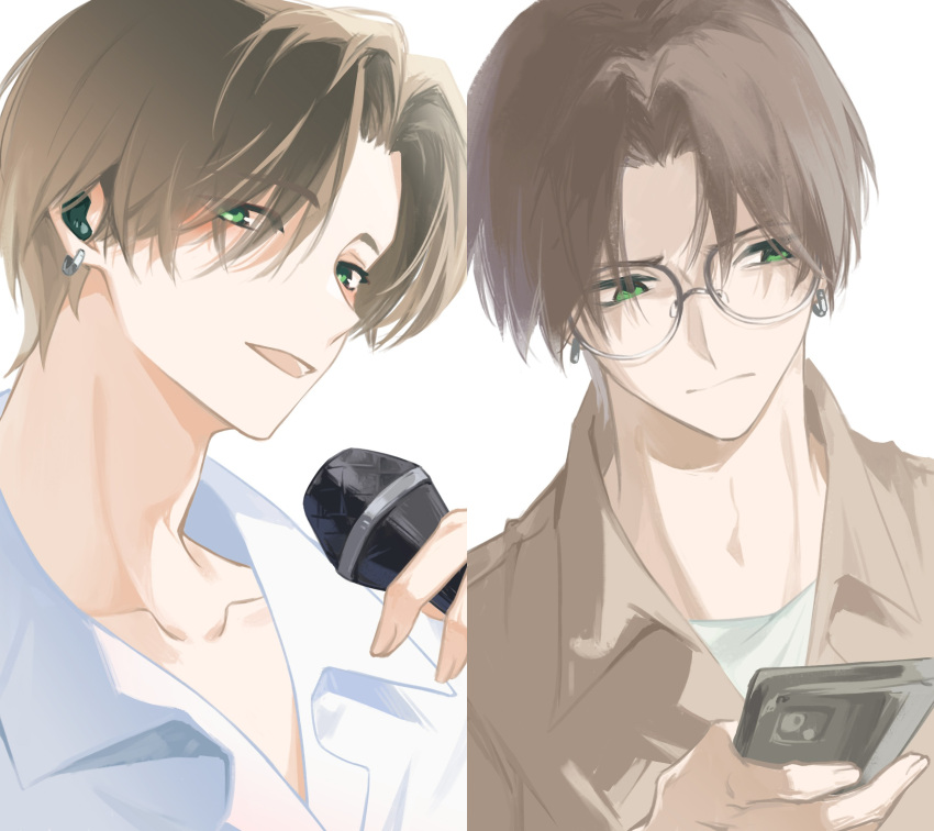 >:(, 1boy, brown_hair, brown_shirt, cellphone, closed_mouth, collarbone, collared_shirt, commentary, curtained_hair, earphones, earphones, earrings, frown, furrowed_brow, glasses, green_eyes, highres, holding, holding_microphone, holding_phone, hsmy, jewelry, male_focus, microphone, multiple_views, open_mouth, parted_bangs, phone, portrait, shirt, shirt_under_shirt, short_hair, silver_earrings, smartphone, tachibana_keito, tamon-kun_ima_docchi, v-shaped_eyebrows, white_background, white_shirt