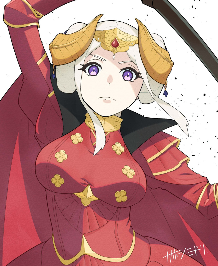 1girl, cape, closed_mouth, edelgard_von_hresvelg, edelgard_von_hresvelg_(timeskip), fake_horns, fire_emblem, fire_emblem:_three_houses, headpiece, highres, horned_headwear, horns, looking_at_viewer, red_cape, sakiyomi_no_nana, solo, violet_eyes, white_hair
