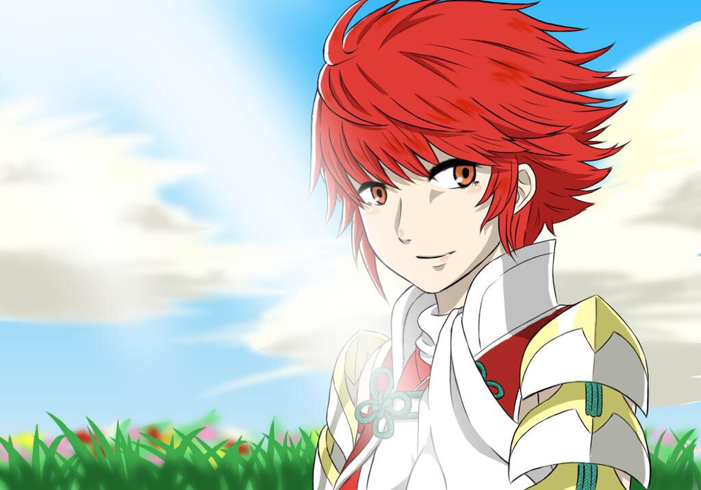 1girl, clouds, cloudy_sky, commentary_request, fire_emblem, fire_emblem_fates, grass, hinoka_(fire_emblem)
