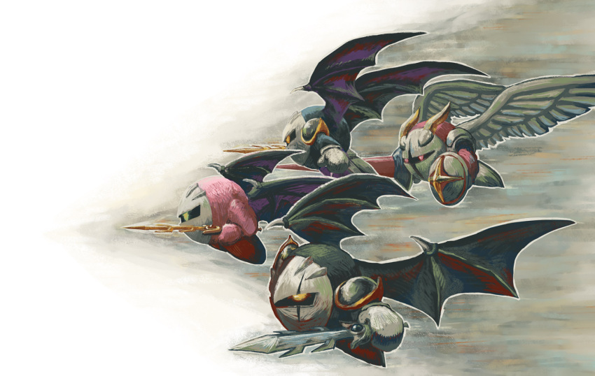 armor, bat_wings, colored_skin, commentary_request, dark_meta_knight, dmapuku, galacta_knight, galaxia_(sword), holding, holding_sword, holding_weapon, kirby, kirby_(series), mask, meta_knight, meta_knight_sword_kirby, no_humans, pauldrons, pink_skin, shield, shoulder_armor, sword, sword_kirby, weapon, wings