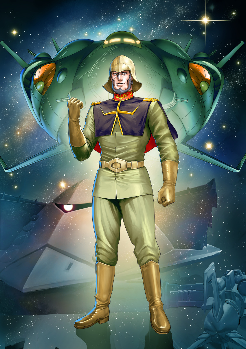 absurdres, beard, belt, bigro, boots, character_request, combat_helmet, commentary_request