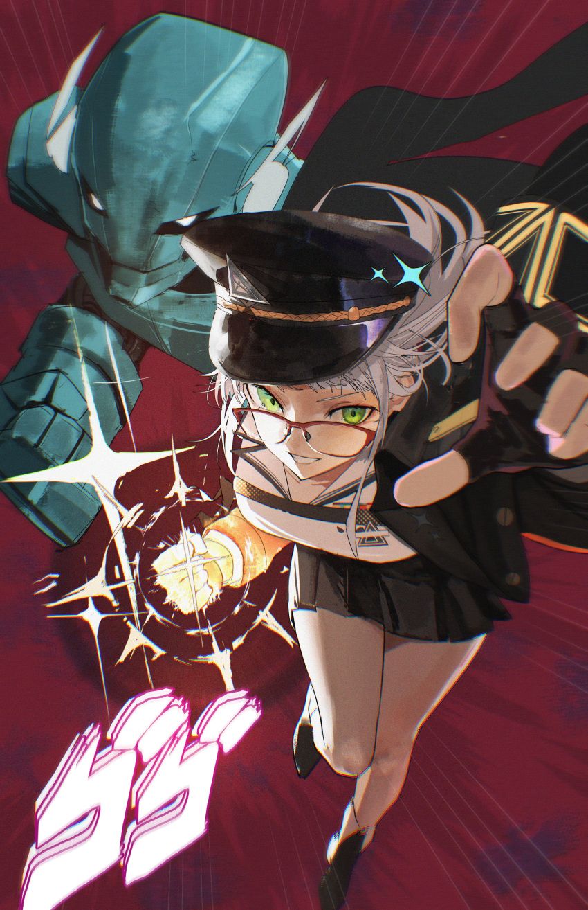 1girl, absurdres, black_gloves, black_hat, black_skirt, coat, coat_on_shoulders, emphasis_lines