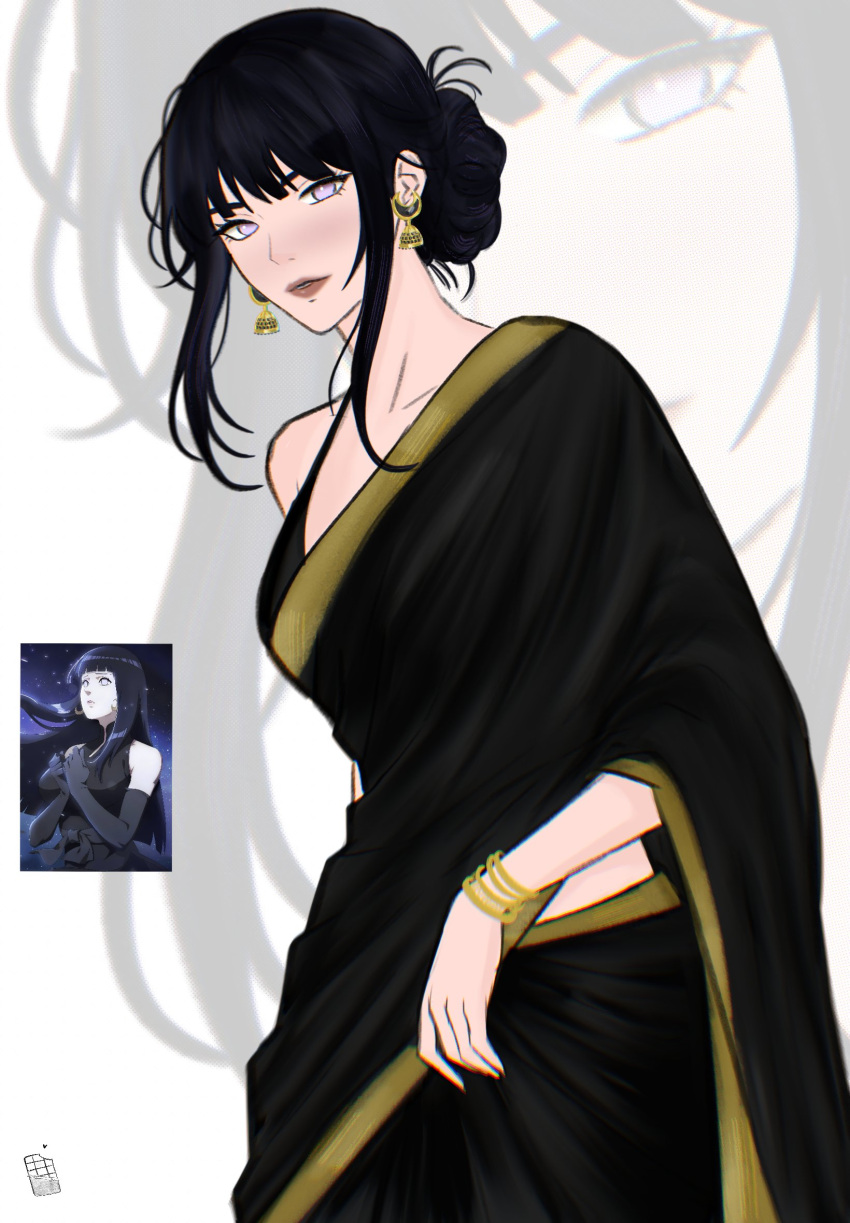1girl, aged_up, artist_logo, asian_indian_clothes, black_hair, black_shirt, bracelet, chococurrent, choppy_bangs, commentary, cowboy_shot, earrings, eyelashes, facing_to_the_side, gold_bracelet, highres, hyuuga_hinata, jewelry, light_blush, logo, long_sidelocks, looking_at_viewer, midriff_peek, multiple_bracelets, naruto_(series), reference_inset, sari, shirt, sidelocks, simple_background, single_bare_shoulder, standing, untranslatable_commentary, updo, violet_eyes, white_background