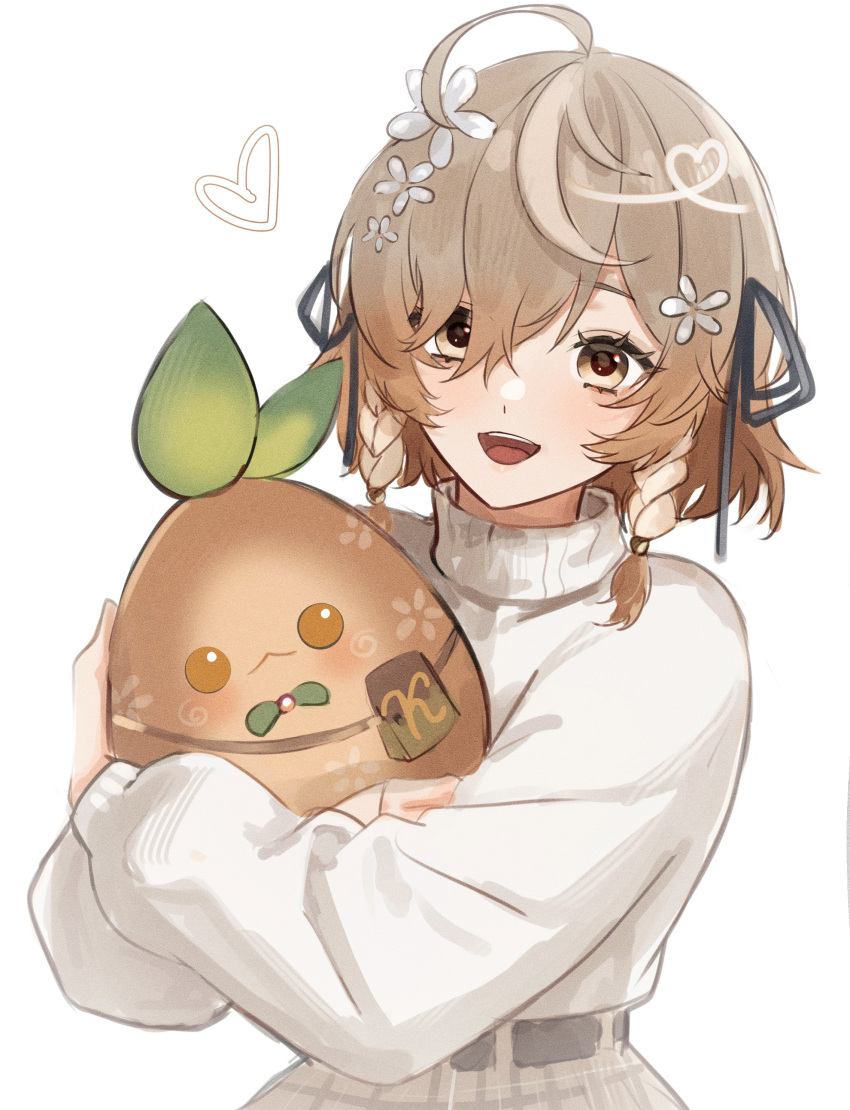 1girl, absurdres, ahoge, braid, brown_eyes, brown_hair, commentary, english_commentary, hair_between_eyes, heart, highres, hug, ive_(iveith), klara_charmwood, kouchama_(klara_charmwood), light_blush, looking_at_viewer, low_twin_braids, medium_hair, nijisanji, nijisanji_en, simple_background, sweater, turtleneck, turtleneck_sweater, twin_braids, virtual_youtuber, white_background
