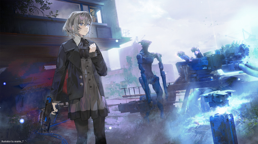 1girl, ananke_7, artist_name, ascot, black_ascot, black_jacket, black_pantyhose, blue_eyes