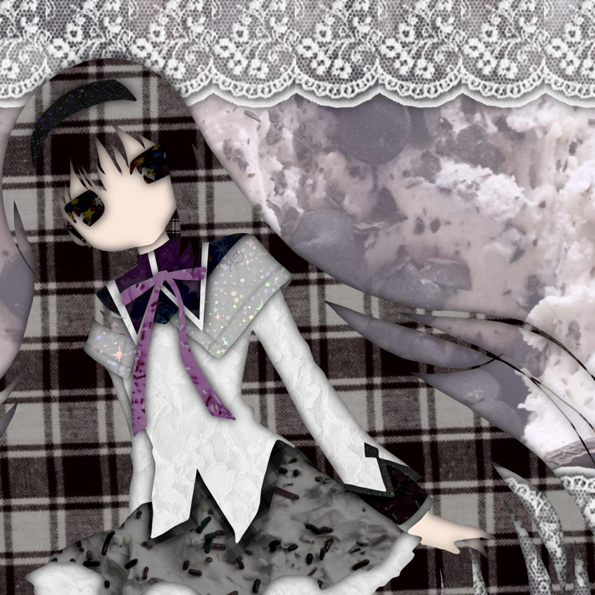 1girl, akemi_homura, akemi_homura_(magical_girl), black_eyes, black_hair, black_hairband, bow, bowtie, capelet, collage_(medium), collared_capelet, commentary, cowboy_shot, dress, english_commentary, expressionless, frilled_skirt, frills, grey_capelet, grey_skirt, hairband, high_collar, highres, jitome, lace_background, layered_sleeves, long_hair, long_sleeves, looking_at_viewer, magical_girl, mahou_shoujo_madoka_magica, mahou_shoujo_madoka_magica_(anime), miniskirt, neck_ribbon, no_mouth, no_nose, paper_cutout_(medium), papercraft_(medium), purple_bow, purple_bowtie, purple_ribbon, ribbon, skirt, skirt_under_dress, solo, unconventional_media, very_long_hair, yuno-is-overit