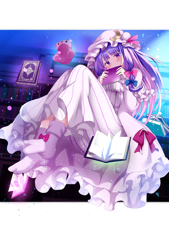 1girl, album_cover, amateras_records, blue_bow, blush, book, bow, closed_mouth, commentary_request, cover, crescent, crescent_hat_ornament, dress, floating, floating_book, floating_object, full_body, givuchoko, grimoire, hat, hat_ornament, holding, holding_book, long_hair, long_sleeves, looking_at_viewer, mob_cap, patchouli_knowledge, pink_bow, pink_dress, pink_hat, purple_hair, purple_socks, socks, solo, striped_clothes, striped_dress, toes, touhou, vertical-striped_clothes, vertical-striped_dress, violet_eyes