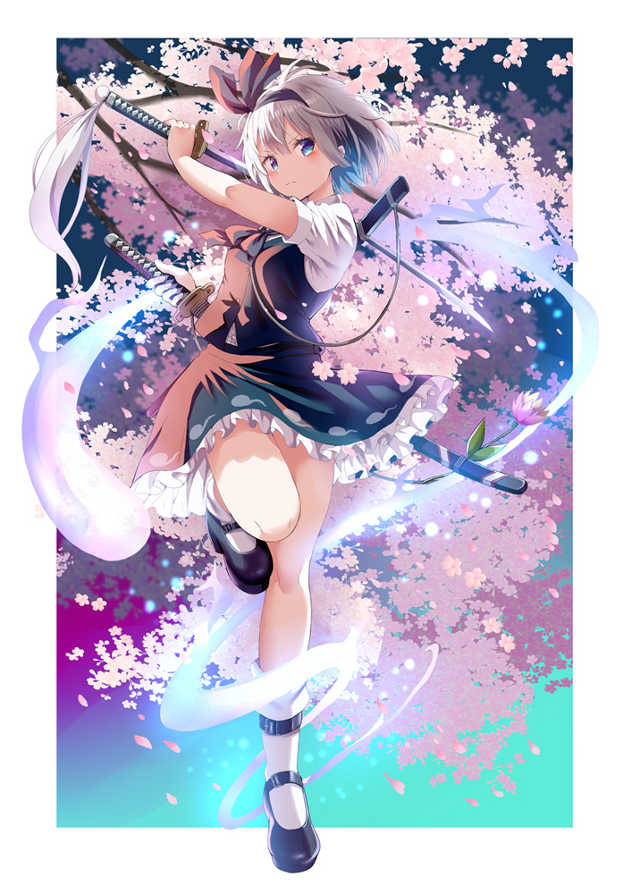 1girl, album_cover, amateras_records, black_hairband, black_shoes, blue_eyes, cherry_blossoms, closed_mouth