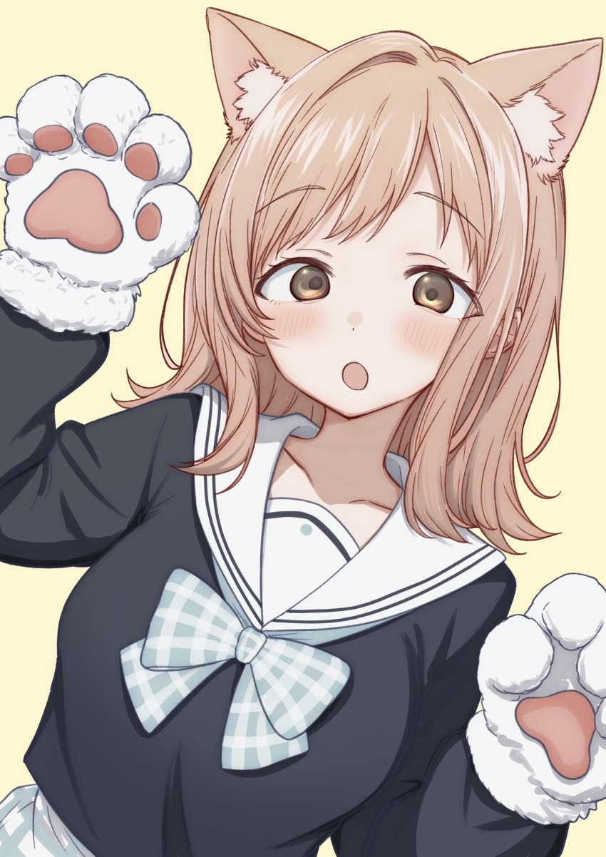 1girl, animal_ears, black_jacket, blonde_hair, blue_bow, blush, bow, brown_eyes