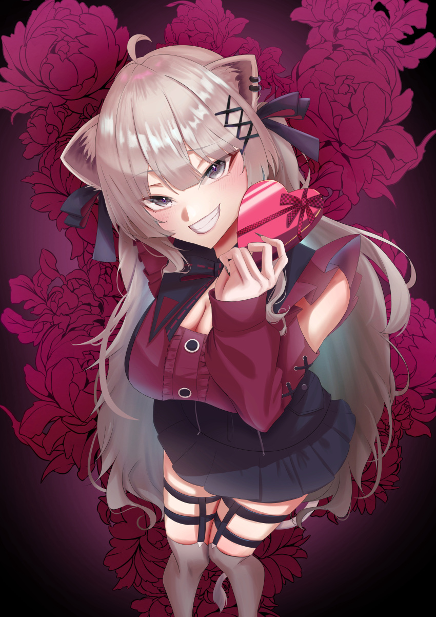 1girl, absurdres, animal_ears, black_skirt, black_thighhighs, closed_mouth, commentary_request, erimakie20