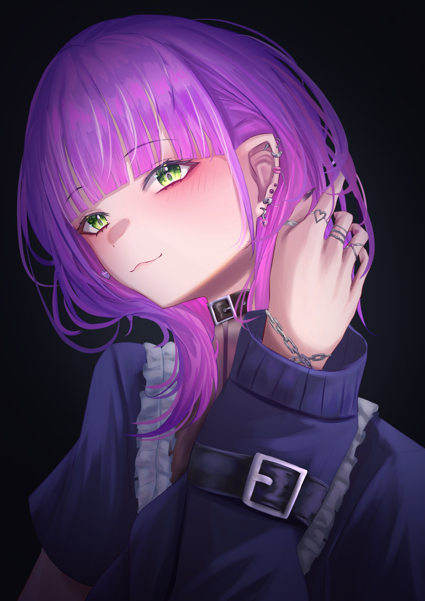 1girl, absurdres, alternate_hair_length_(shorter), black_background, black_shirt, blush, closed_mouth, commentary_request