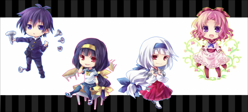 3girls, ahoge, ajimu_najimi, albino, black_hair, black_legwear, blue_eyes, bow