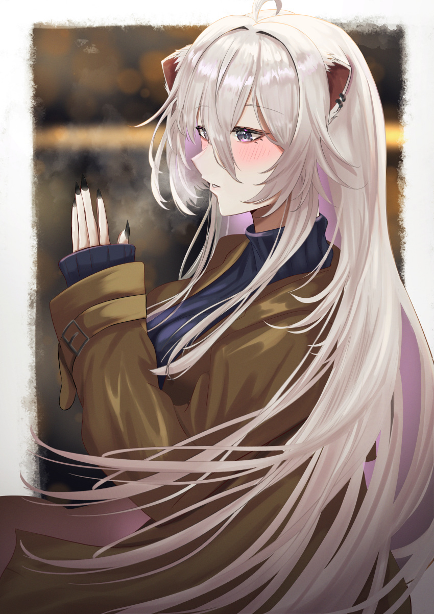 1girl, absurdres, ahoge, alternate_costume, animal_ear_piercing, animal_ears, black_nails, black_sweater