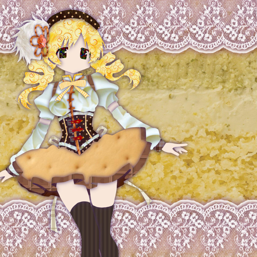 1girl, arm_warmers, beret, black_eyes, blonde_hair, bow, bowtie, breasts, brown_corset, brown_hat, brown_thighhighs, cake, collage_(medium), commentary, corset, cowboy_shot, dessert, detached_sleeves, drill_hair, english_commentary, expressionless, flower, flower_hairpin, food, food-themed_background, food-themed_clothes, hair_ornament, hairpin, hat, highres, juliet_sleeves, lace_background, long_hair, long_sleeves, looking_at_viewer, magical_girl, mahou_shoujo_madoka_magica, mahou_shoujo_madoka_magica_(anime), medium_breasts, no_mouth, no_nose, paper_cutout_(medium), papercraft_(medium), puffy_long_sleeves, puffy_short_sleeves, puffy_sleeves, ribbon, shirt, short_sleeves, skirt, solo, soul_gem, striped_clothes, striped_thighhighs, thigh-highs, tomoe_mami, tomoe_mami_(magical_girl), unconventional_media, vertical-striped_clothes, vertical-striped_thighhighs, white_ribbon, white_shirt, yellow_bow, yellow_bowtie, yellow_ribbon, yellow_skirt, yellow_theme, yuno-is-overit