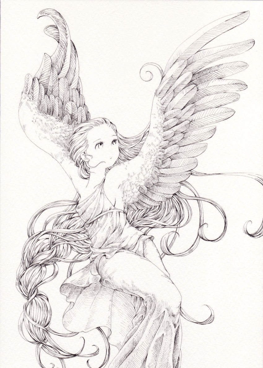 1girl, absurdres, breasts, commentary_request, dress, feathered_wings, greek_mythology, greyscale