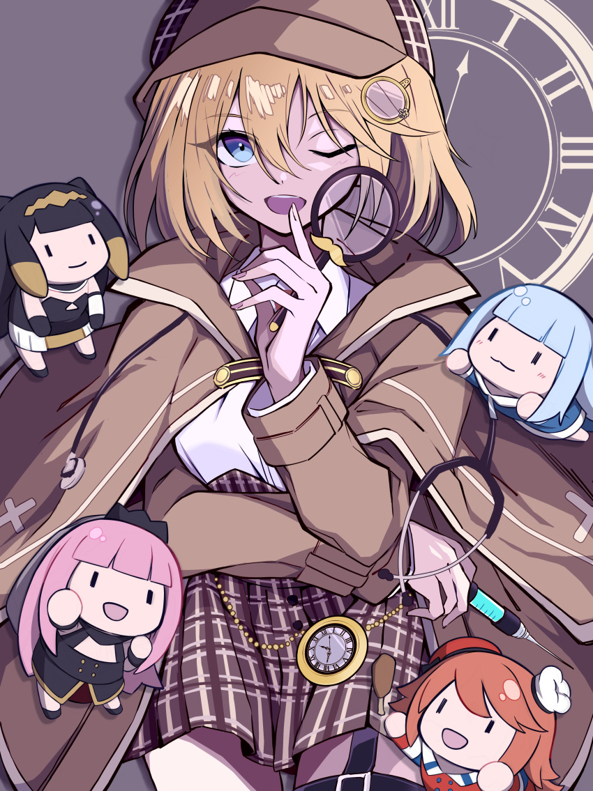 5girls, absurdres, blonde_hair, blue_eyes, bob_cut, breasts, brown_coat, brown_hat