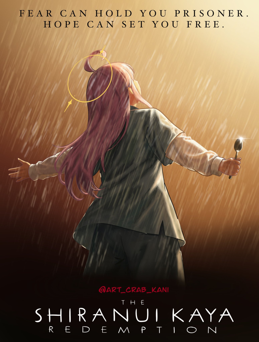 1girl, ahoge, art_crab, artist_name, blue_archive, commentary, cropped_legs, english_commentary, english_text, facing_up, from_behind, green_pants, halo, highres, holding, holding_spork, kaya_(blue_archive), kaya_(prison)_(blue_archive), long_hair, long_sleeves, movie_poster_(medium), outstretched_arms, pants, parody, pink_hair, poster_parody, prison_clothes, rain, revision, solo, spork, spread_arms, the_shawshank_redemption, twitter_username, yellow_halo