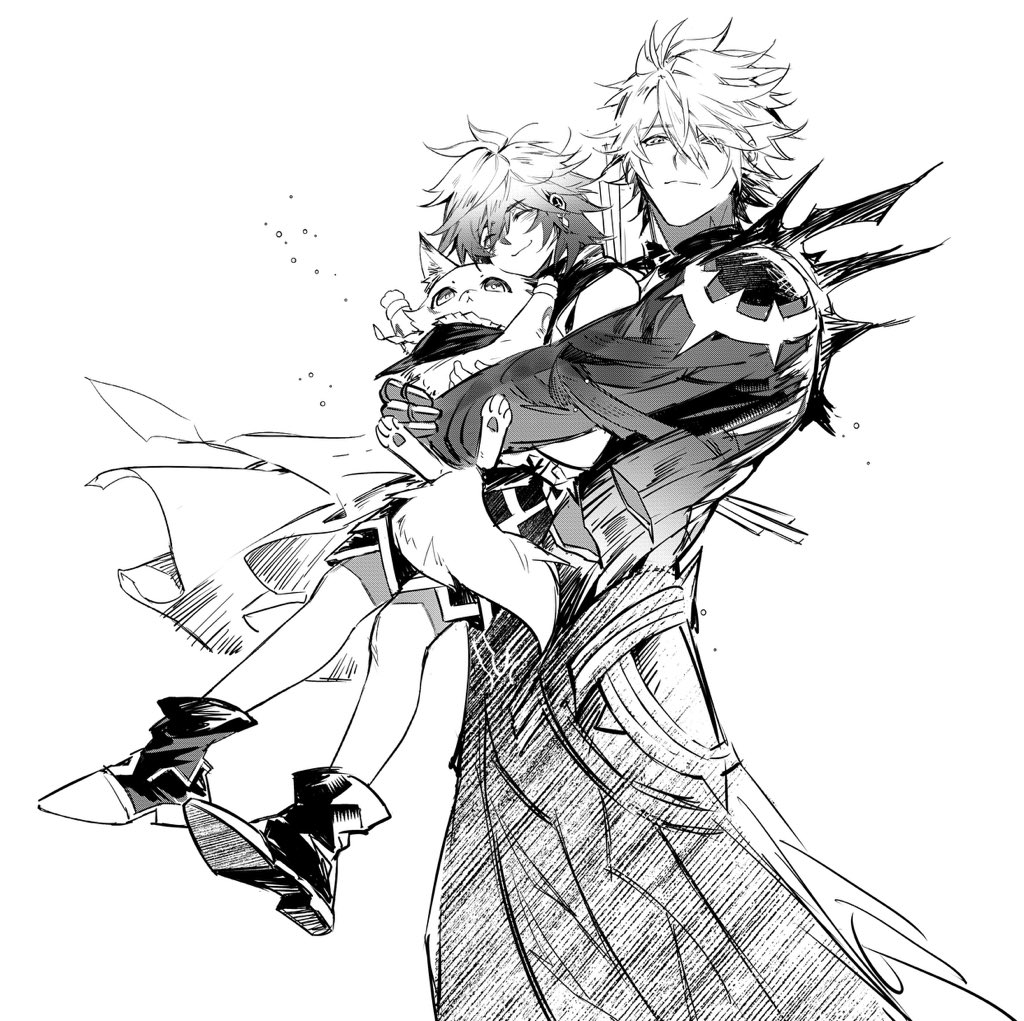 2boys, aged_down, animal, animal_hands, cat, cat_paws, clothes_around_waist, cuddling_animal