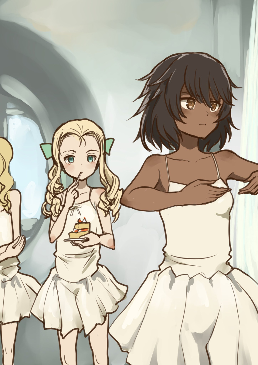 3girls, andou_(girls_und_panzer), ballet_dress, black_hair, blonde_hair, brown_eyes, cake, cake_slice