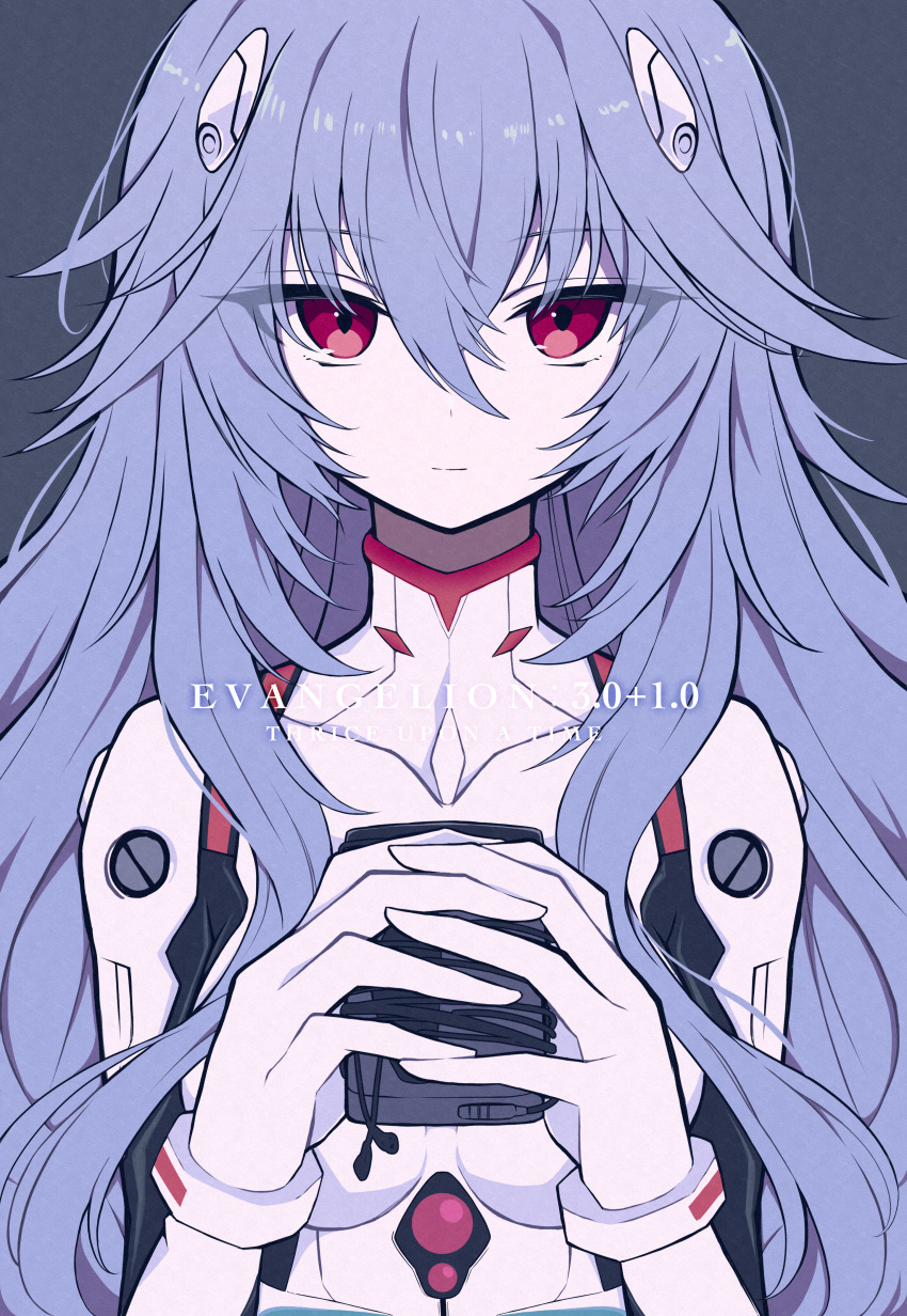 1girl, absurdres, ayanami_rei, blue_hair, bodysuit, closed_mouth, dot_nose, double-parted_bangs, english_text, evangelion:_3.0+1.0_thrice_upon_a_time, eyes_visible_through_hair, headphones, highres, holding_cassette_player, interface_headset_(evangelion), long_hair, looking_at_viewer, mecha_pilot_suit, neon_genesis_evangelion, pale_skin, rebuild_of_evangelion, red_eyes, sakura_mo_chiy, simple_background, solo, upper_body, white_bodysuit