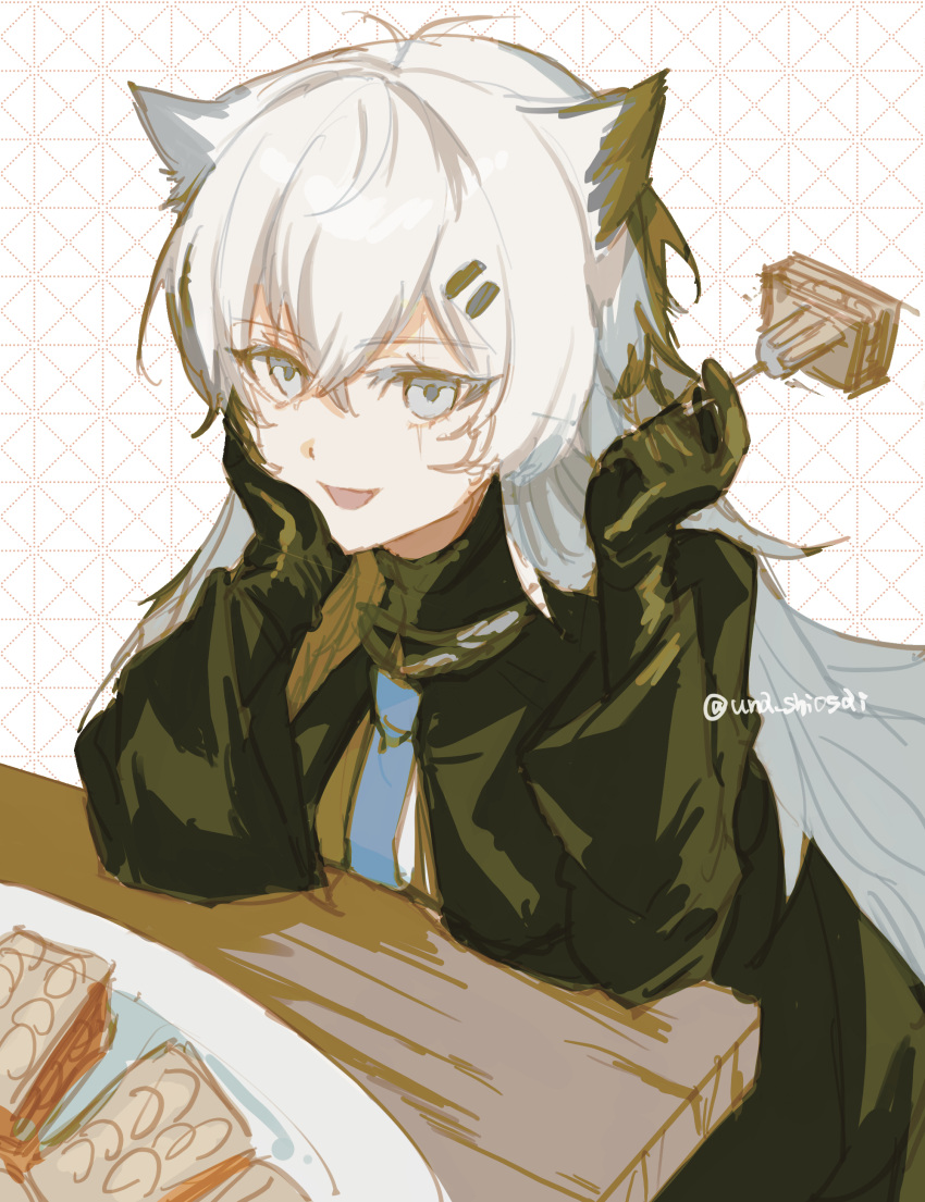 1girl, :d, absurdres, animal_ears, arknights, black_gloves, black_jacket, commentary