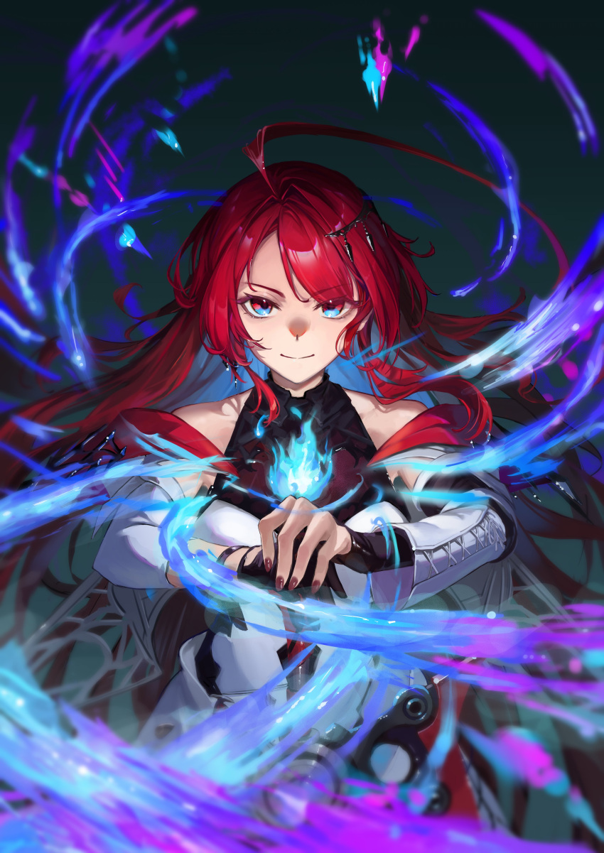 1girl, absurdres, ahoge, blue_fire, blue_hair, bluehead_white_dragon, closed_mouth, colored_inner_hair