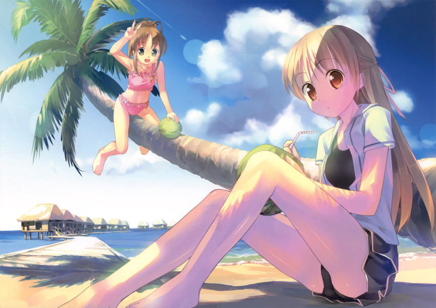 :d, bare_legs, bare_shoulders, barefoot, beach, blue_sky, brown_eyes, brown_hair, cloud, condensation_trail, contrail, drink, flat_chest, food, frilled_swimsuit, frills, fruit, highres, lens_flare, long_hair, looking_at_viewer, multiple_girls, one-piece_swimsuit, open_clothes, open_mouth, open_shirt, original, pleated_skirt, ponytail, shade, shirt, sitting, skirt, sky, smile, straw, swimsuit, swimsuit_under_clothes, takoyaki_(artist), takoyaki_(roast), tree, v, water, watermelon