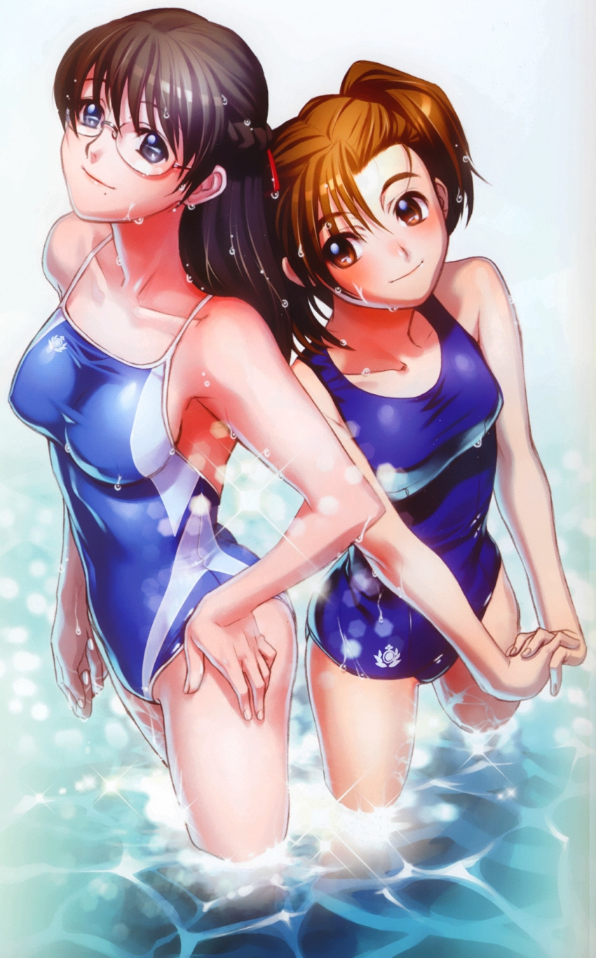 black_hair, black_lagoon, braid, breasts, brown_eyes, brown_hair, collarbone, colored, competition_swimsuit, glasses, grey_eyes, hair_ribbon, hand_on_hip, highres, hips, hiroe_rei, long_hair, maki_(black_lagoon), mole, multiple_girls, one-piece_swimsuit, ribbon, school_swimsuit, smile, standing, swimsuit, twintails, wading, washimine_yukio, water, wet, wet_clothes
