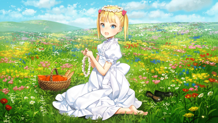 1girl, barefoot, basket, blonde_hair, blue_eyes, blue_sky, cordelia_(machine_child), day