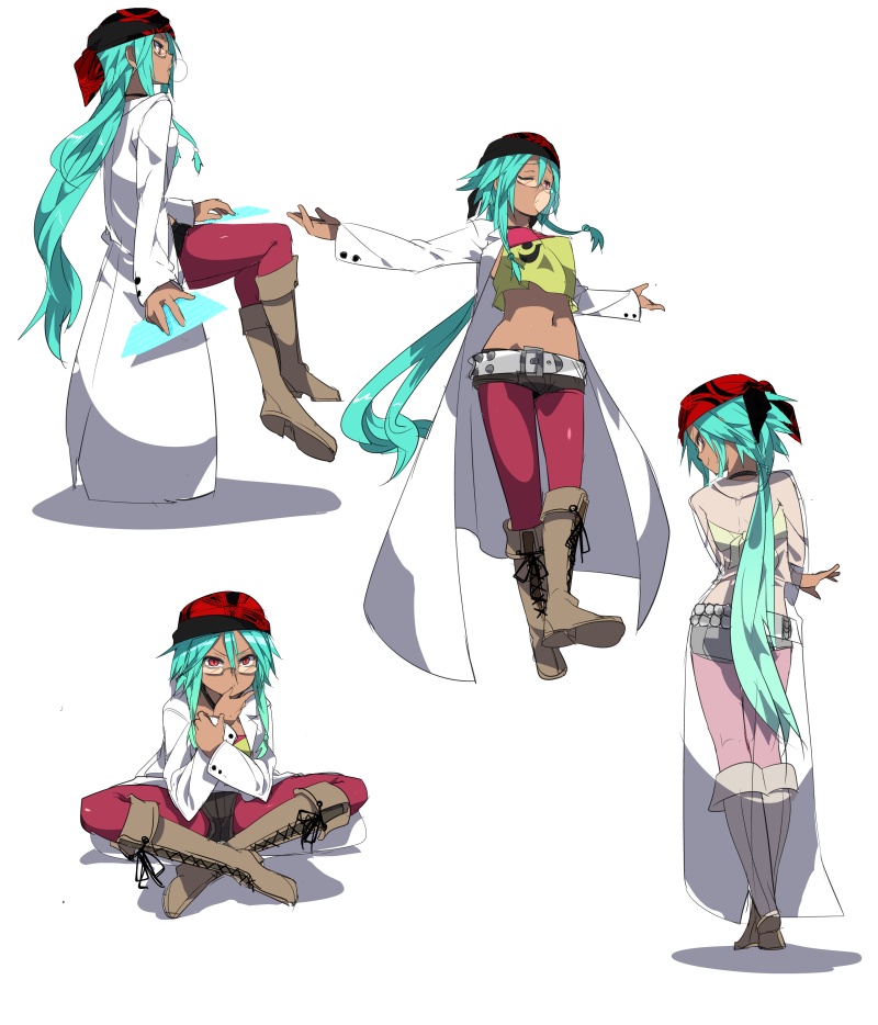 aqua_hair, bandana, bandanna, belt, boots, bubblegum, closed_eyes, crop_top, cross-laced_footwear, dark_skin, eyes_closed, glasses, indian_style, labcoat, legwear_under_shorts, long_hair, midriff, navel, original, pantyhose, ponytail, red_eyes, red_legwear, see-through, shirow_(crazy), short_shorts, shorts, sitting, solo, very_long_hair, x-ray