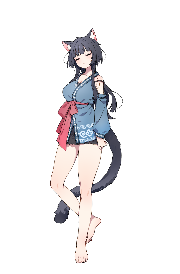 1girl, animal_ear_fluff, animal_ears, barefoot, black_hair, breasts, cat_ears, cat_girl