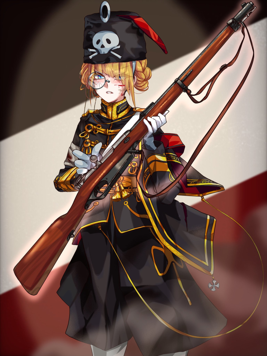 1girl, black_jacket, black_pants, blonde_hair, blood, blood_on_face, broken_glass, gewehr_88