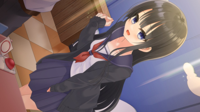 1boy, 1girl, asymmetrical_bangs, belt, between_legs, black_cardigan, black_hair, black_pants
