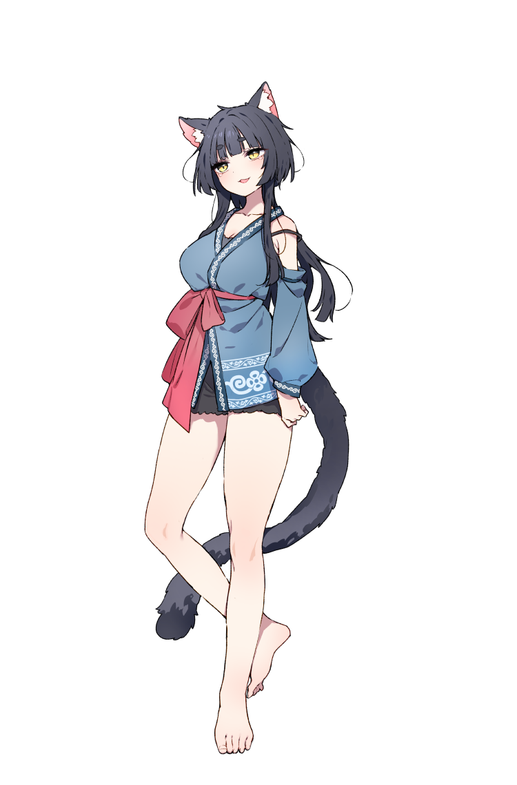 1girl, animal_ear_fluff, animal_ears, averting_eyes, barefoot, black_hair, breasts, cat_ears