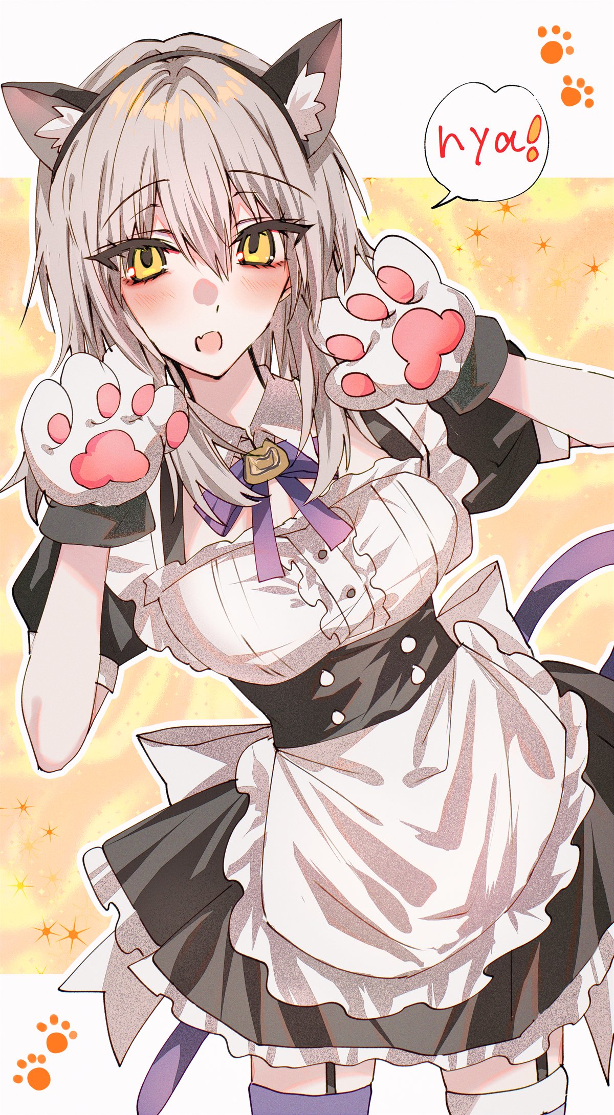 1girl, animal_ear_hairband, animal_ears, animal_hands, apron, black_dress, bow, bowtie, breasts, commentary_request, cosplay, cowboy_shot, dress, enmaided, fake_animal_ears, fake_tail, gloves, grey_hair, hair_between_eyes, hairband, hands_up, highres, honkai:_star_rail, honkai_(series), kinona, large_breasts, long_hair, maid, maid_apron, open_mouth, paw_gloves, purple_bow, purple_bowtie, short_sleeves, silver_wolf_(cat-maid_ensemble)_(honkai:_star_rail), silver_wolf_(honkai:_star_rail), silver_wolf_(honkai:_star_rail)_(cosplay), solo, speech_bubble, stelle_(honkai:_star_rail), tail, trailblazer_(honkai:_star_rail), white_apron, yellow_background, yellow_eyes