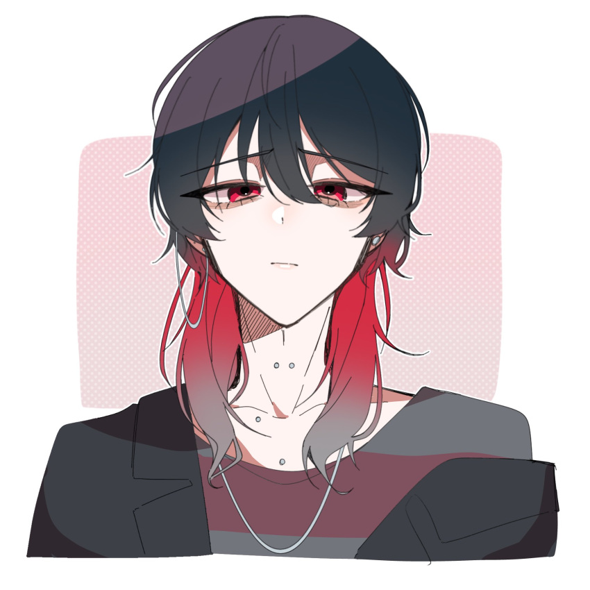 1boy, an_l003, black_hair, black_jacket, collarbone_piercing, cropped_shoulders, earrings, gradient_hair