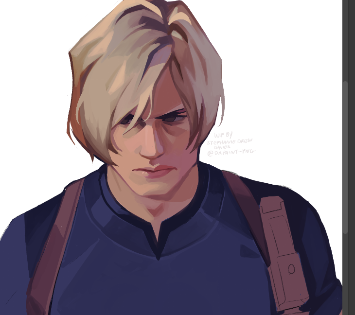 1boy, aegyo_sal, art_program_in_frame, blonde_hair, blue_eyes, blue_shirt, chest_holster, dr-paint