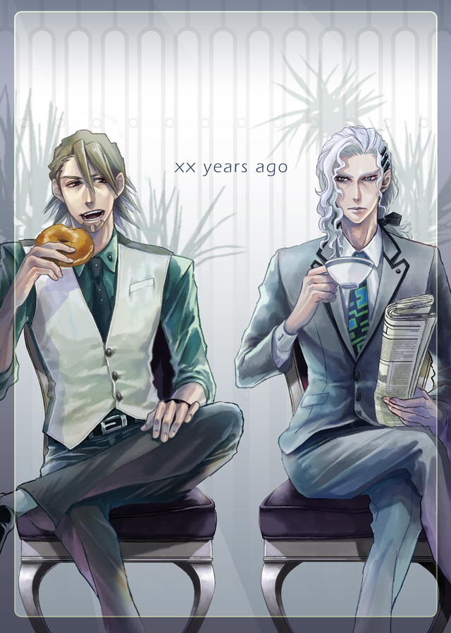 aotan, bagel, bow, brown_eyes, brown_hair, crossed_legs, eating, facial_hair, formal, grey_hair, hair_bow, hair_ornament, hairclip, kaburagi_t_kotetsu, legs_crossed, lips, long_hair, male, multiple_boys, necktie, newspaper, ponytail, short_hair, silver_hair, sitting, stubble, suit, tiger_&amp;_bunny, vest, waistcoat, yuri_petrov
