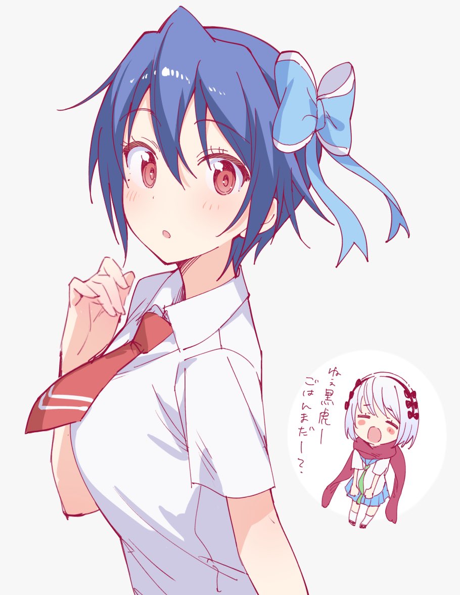 2girls, blue_bow, blue_hair, blush, bonyari_high_school_uniform, bow, breasts, closed_eyes