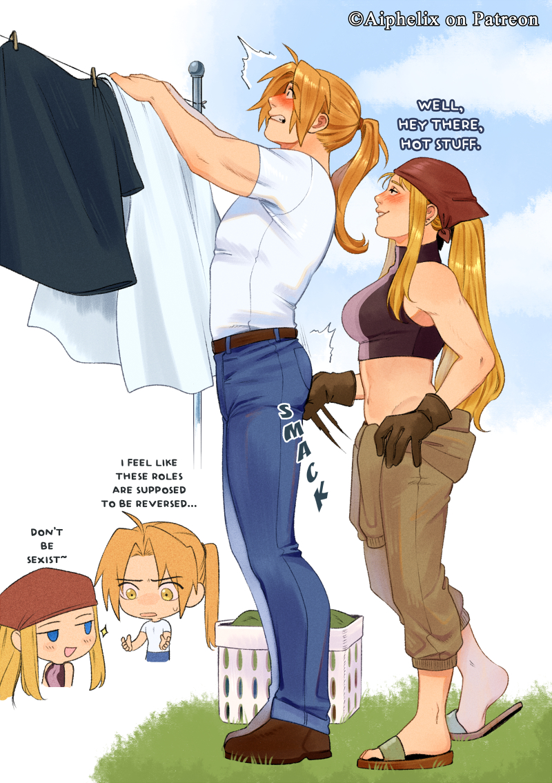 1boy, 1girl, aiphelix, ass_smack, assertive_female, blonde_hair, blush, couple