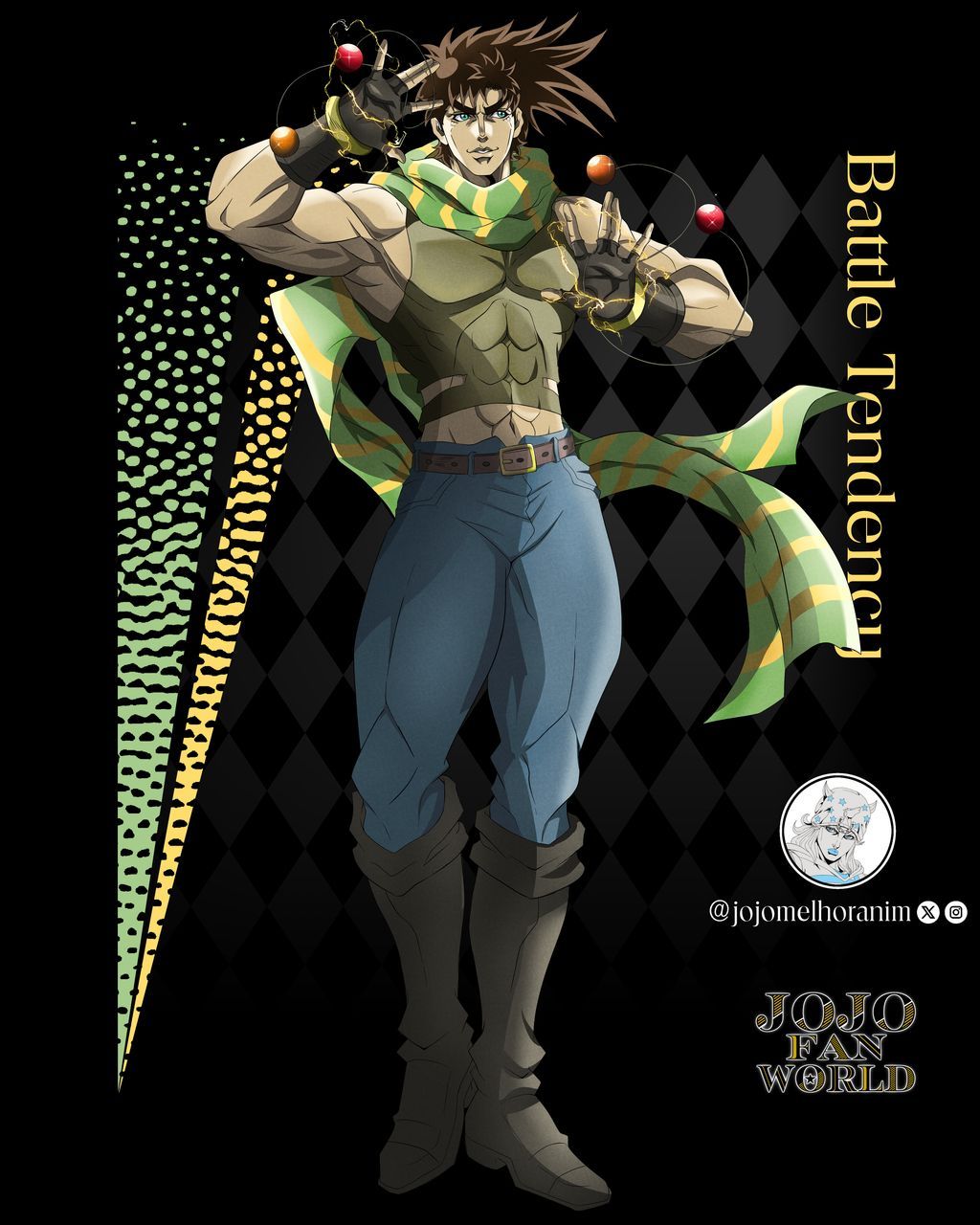1boy, abs, anime_coloring, araki_hirohiko_(style), argyle_background, artist_name, bare_shoulders, battle_tendency